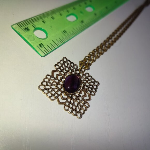 Purple Core Academia Pendant on Chain Antiquated Gold Boho Vintage Violet Charm - Picture 5 of 11